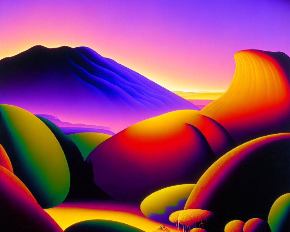 Surreal landscape: vibrant hills, purple to yellow colors, silhouetted mountain.