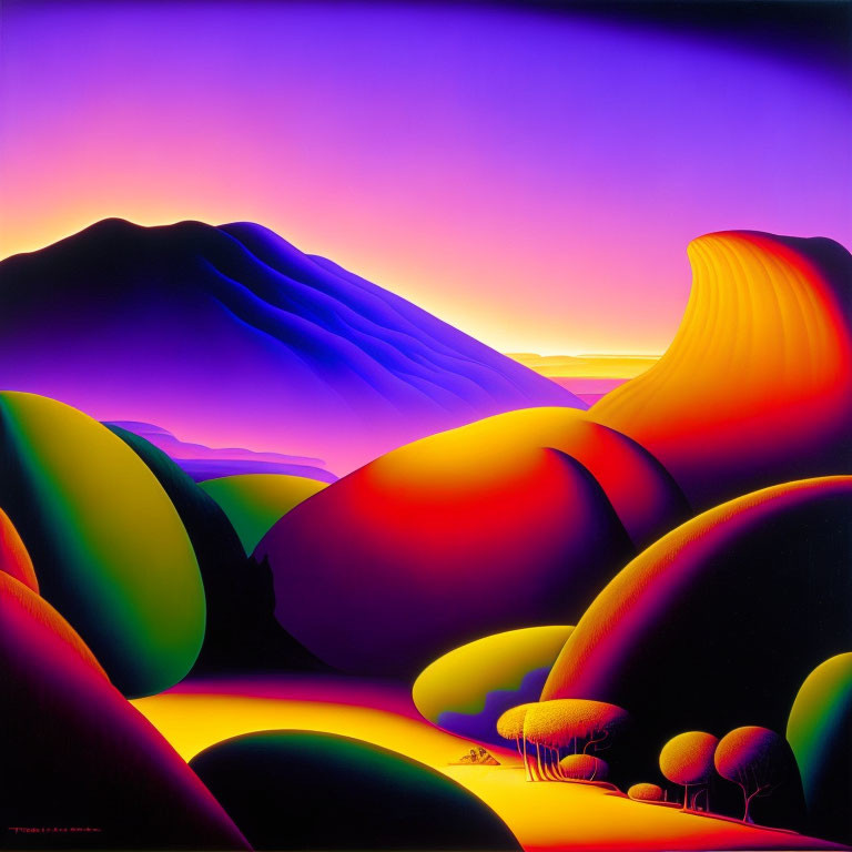 Surreal landscape: vibrant hills, purple to yellow colors, silhouetted mountain.