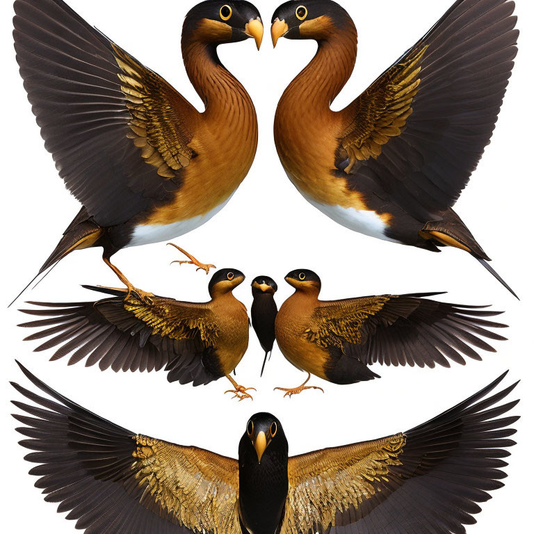 Symmetrical bird pairs with wings spread, showcasing detailed brown, gold, and black plumage
