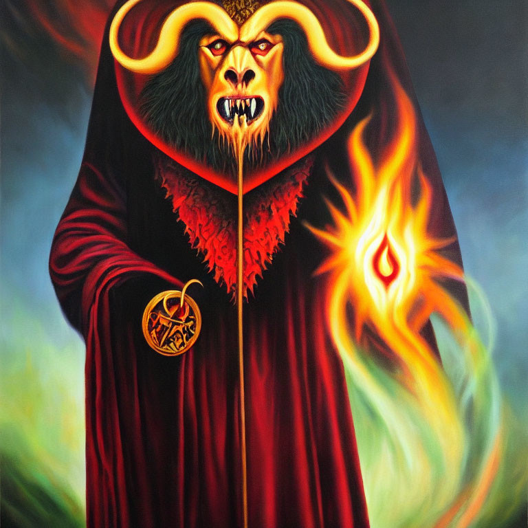 Red Hooded Figure with Lion-Like Face and Fiery Mane in Smoky Background