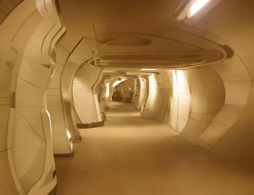Curved walls and warm lighting in a futuristic corridor