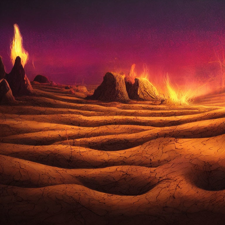 Vivid fiery landscape with glowing eruptions on purple sky