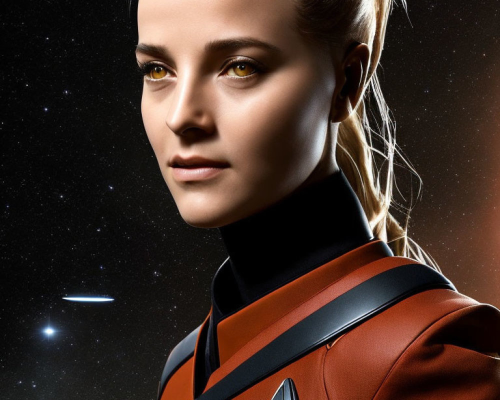 Blonde woman in braids wearing black and red suit in space scene