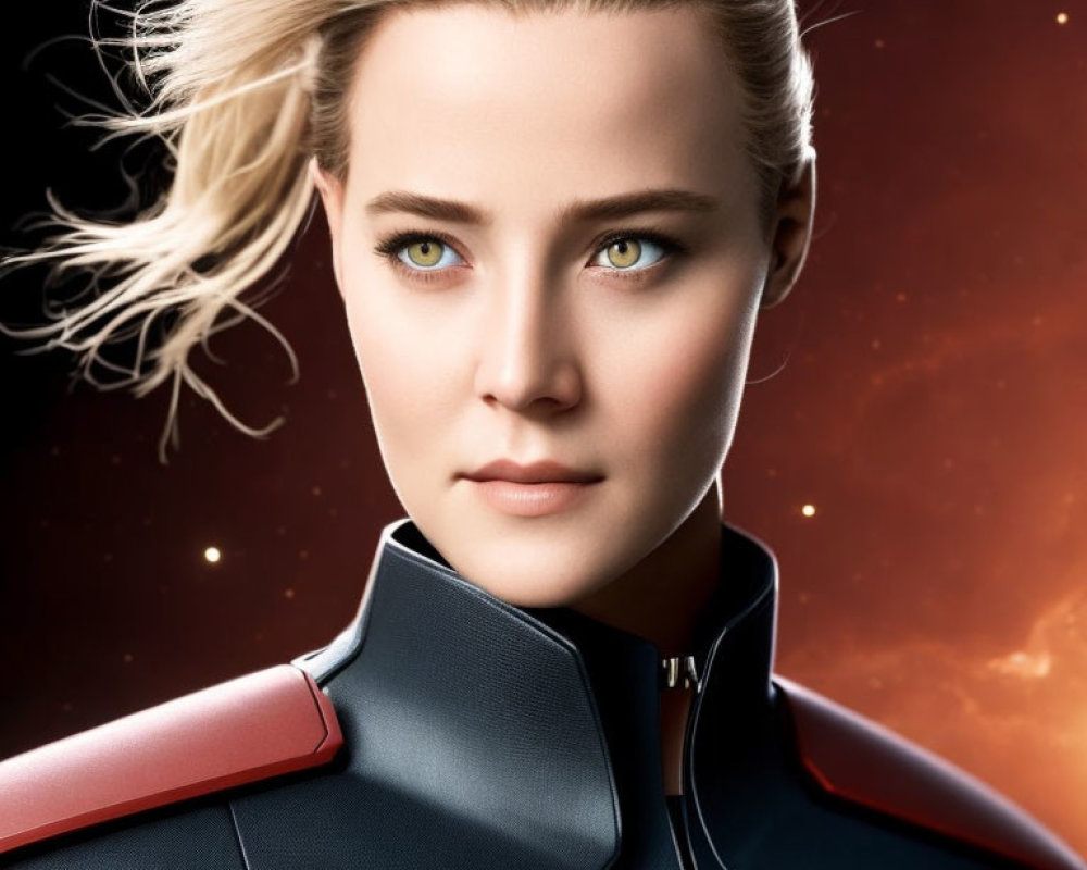 Blonde Female Superhero with Green Eyes in Red and Blue Suit
