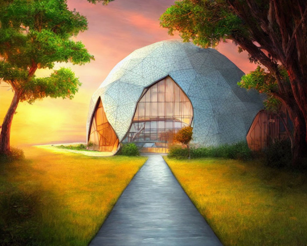 Geodesic Dome Building Surrounded by Trees and Beach at Sunset