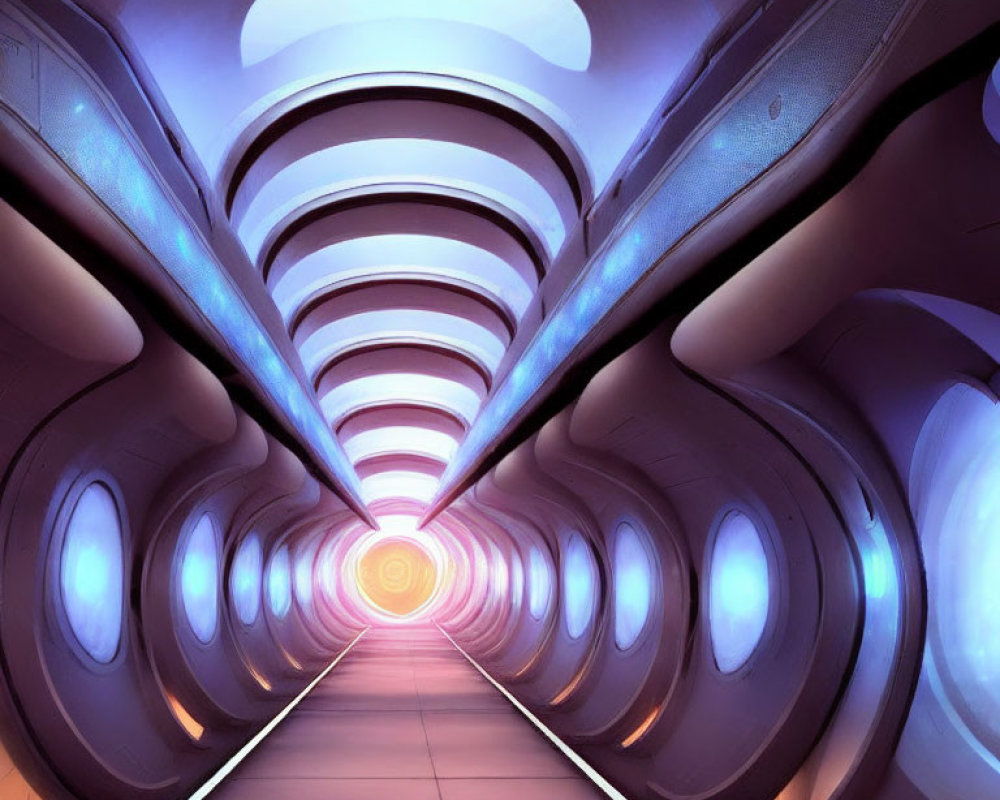 Futuristic illuminated tunnel with reflective surfaces