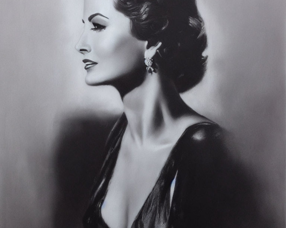 Monochrome portrait of elegant woman with vintage hairstyle and plunging neckline dress