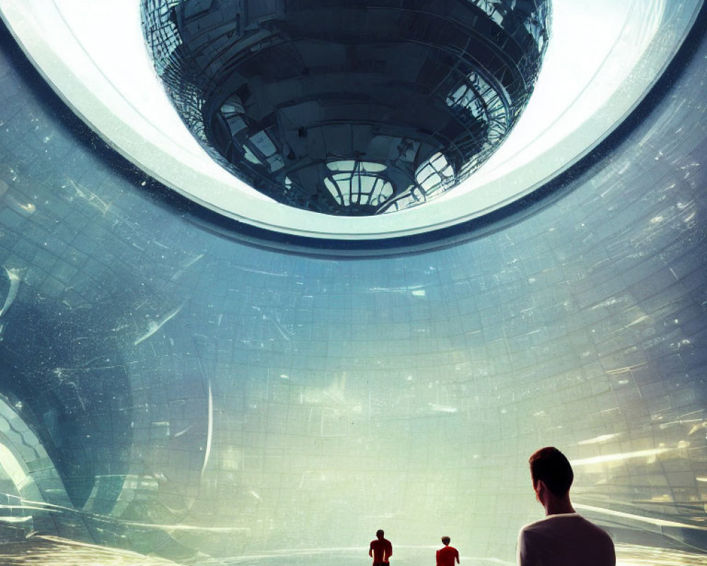 Two individuals in red tracksuits near colossal spherical structure in futuristic interior