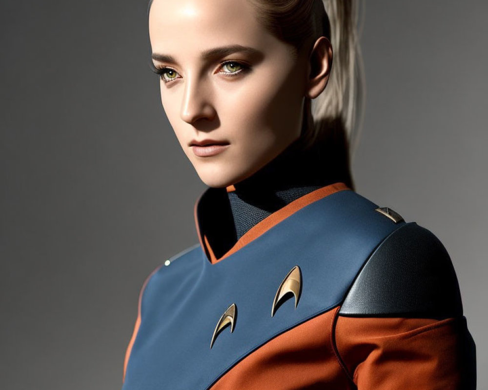 Futuristic digital artwork of woman in blue and orange uniform