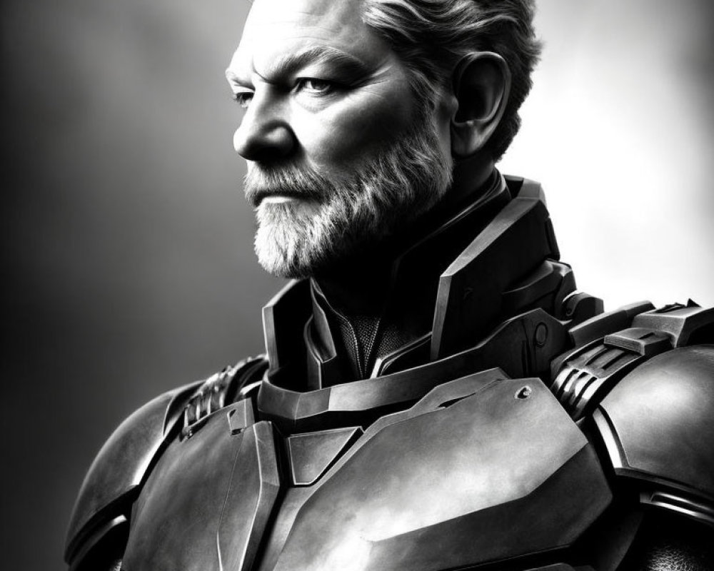 Detailed Monochrome Portrait of Bearded Man in Futuristic Armor