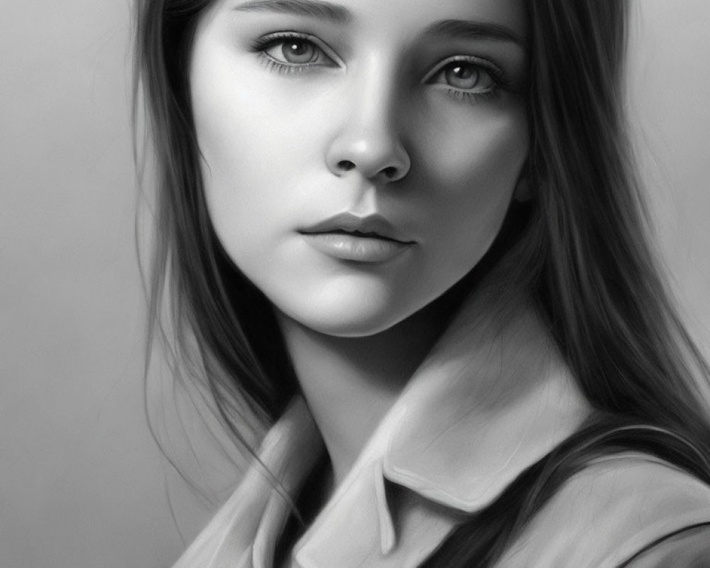 Realistic monochromatic portrait of young woman with long hair and collared shirt