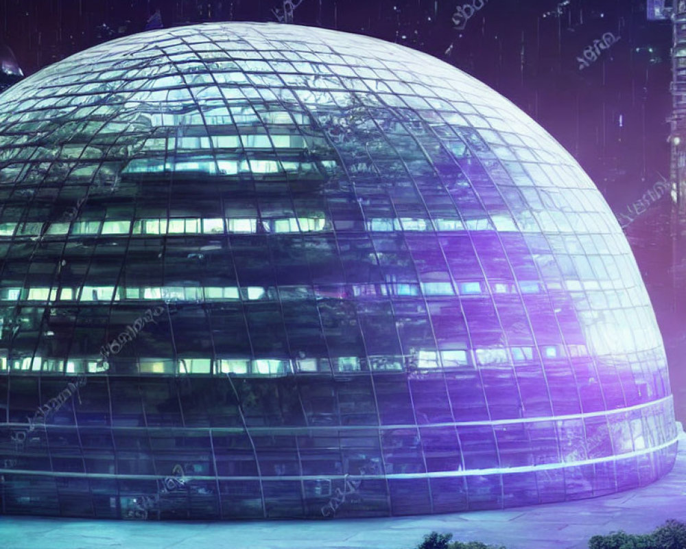 Futuristic dome-shaped building with purple and blue lights in night cityscape