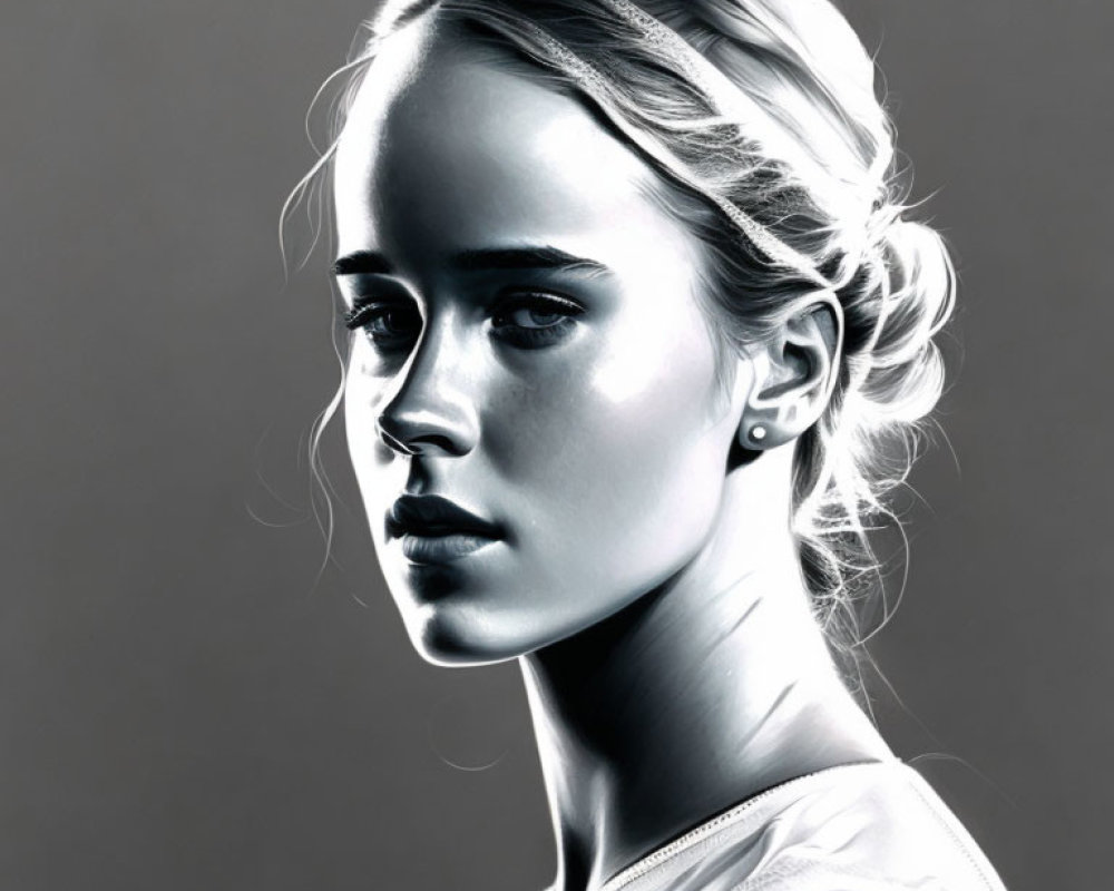 Monochromatic digital portrait: Young woman with braided hair and serene expression