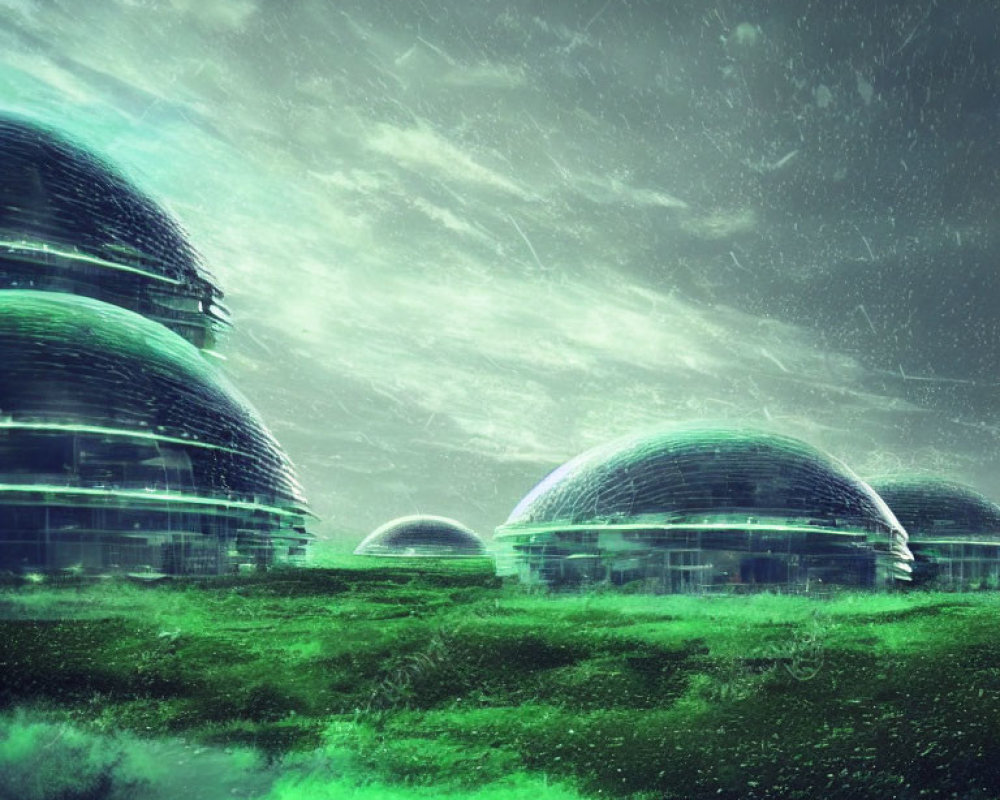 Futuristic domed structures on lush green landscape under stormy sky