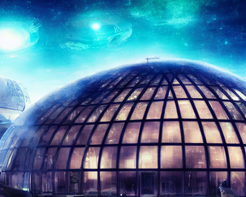 Futuristic dome structure with flying vehicles under starry sky