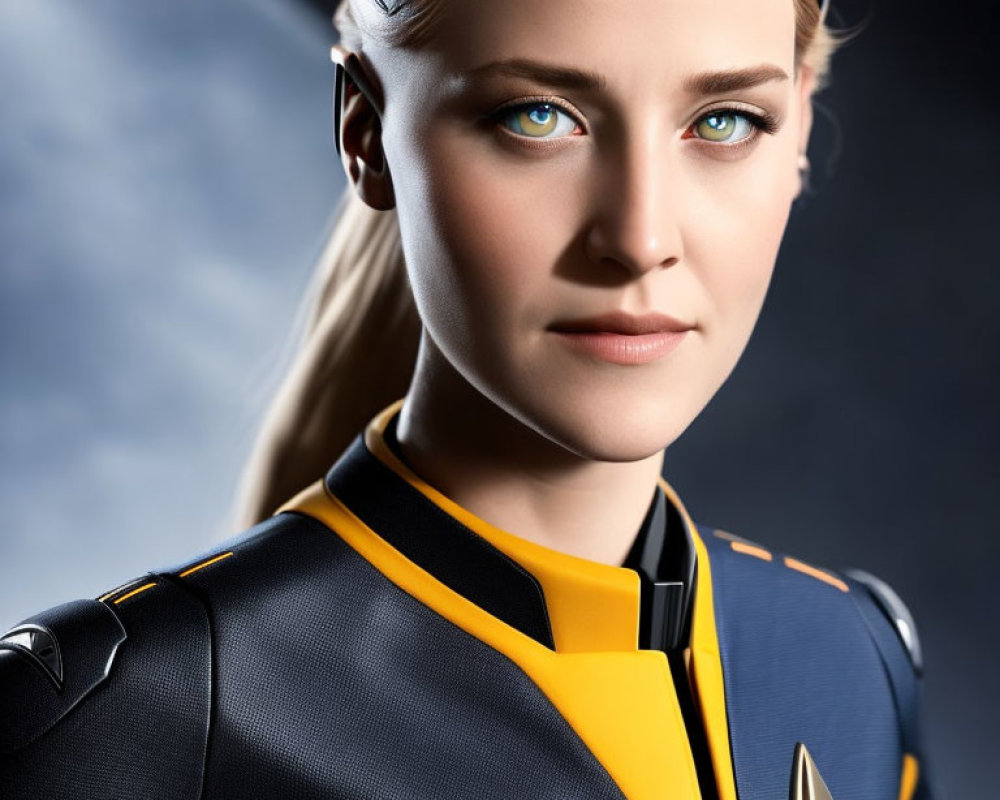 Blonde-Haired Character in Futuristic Uniform with Badge