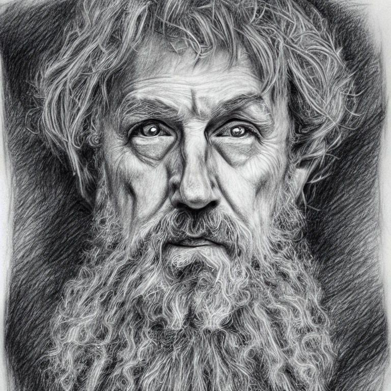 Detailed pencil sketch of elderly man with intense eyes, thick beard, and unkempt hair