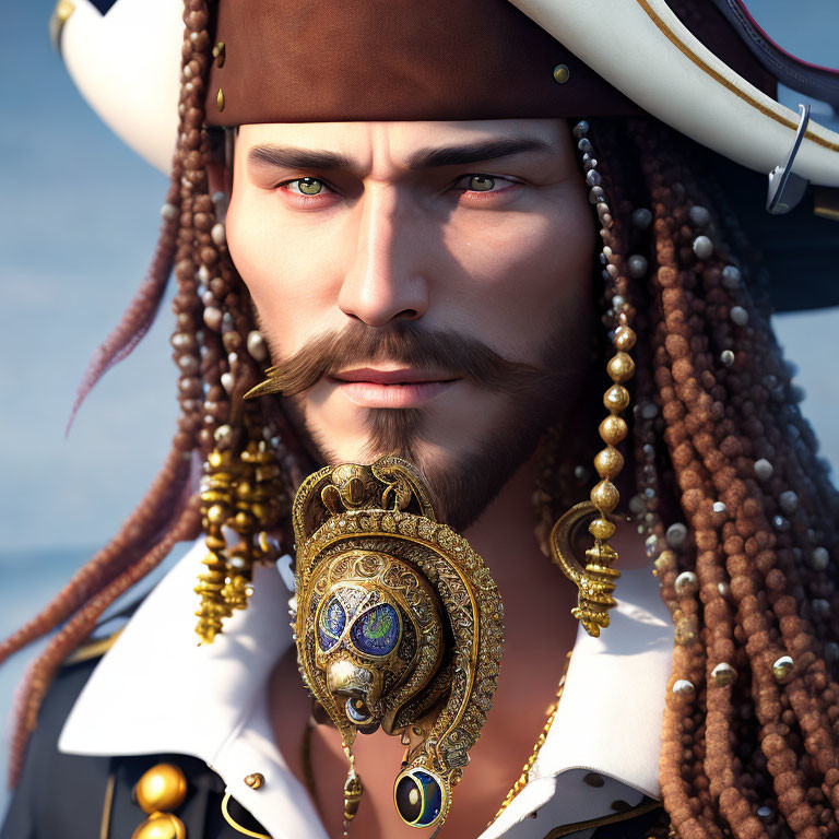 Detailed 3D rendering of pirate captain with tricorne hat, braided hair, beads,