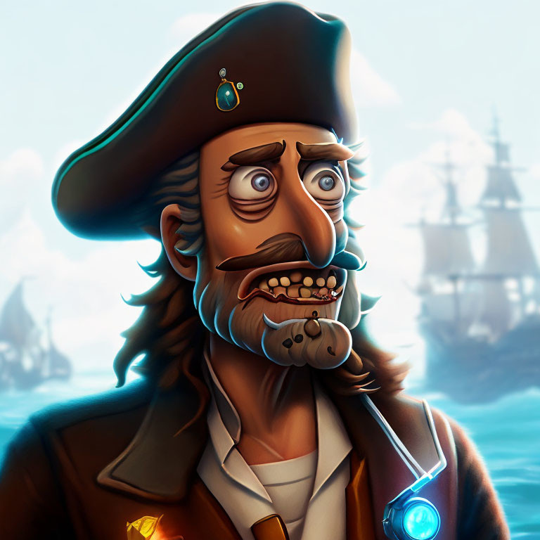 Surprised animated pirate with brown tricorn hat, white puffy shirt, and blue coat on