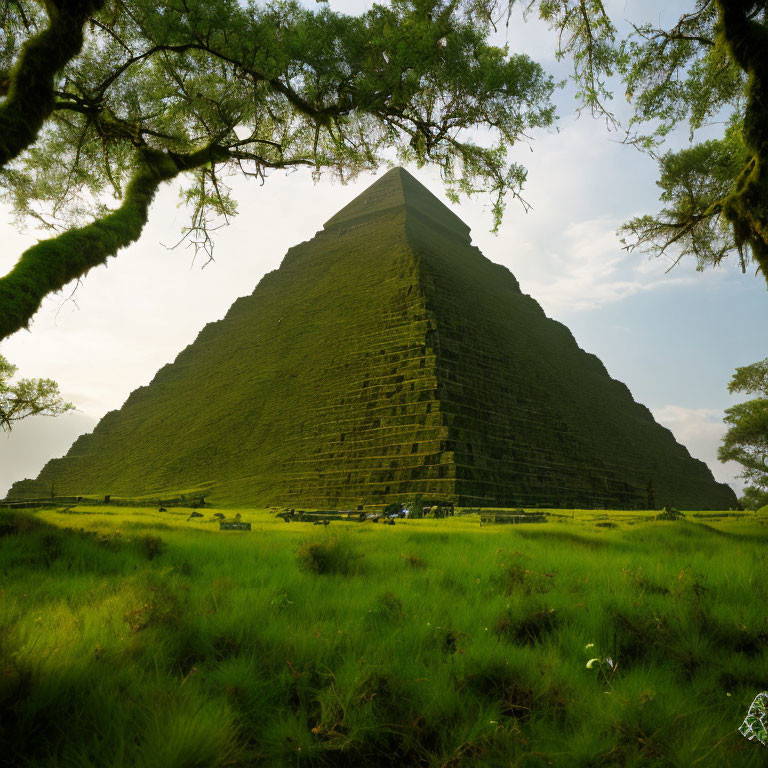 Stepped Pyramid in Lush Green Field with Overhanging Branches
