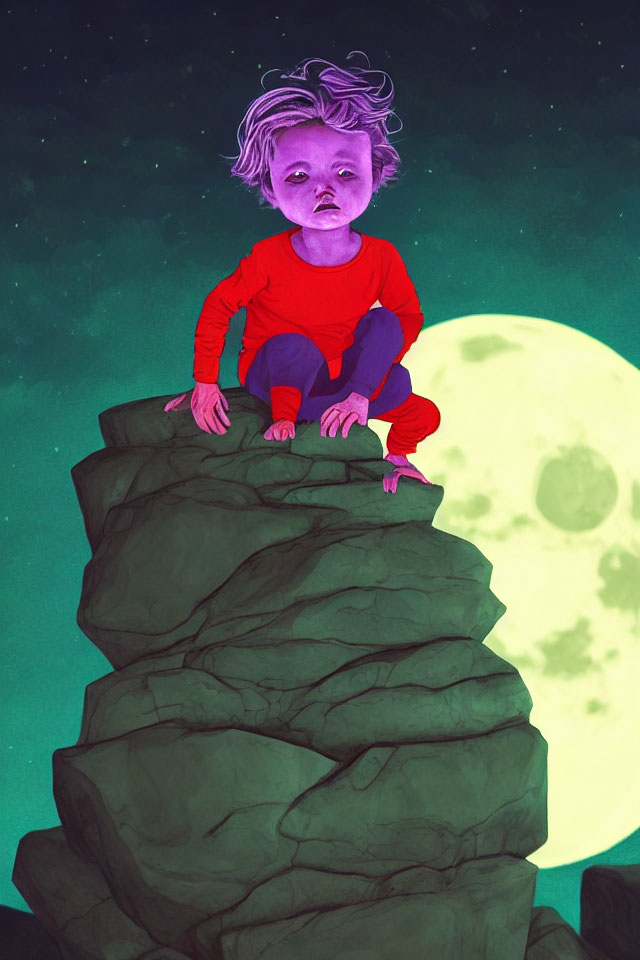 Child with glowing violet hair on rugged rock under starry night sky with yellow moon