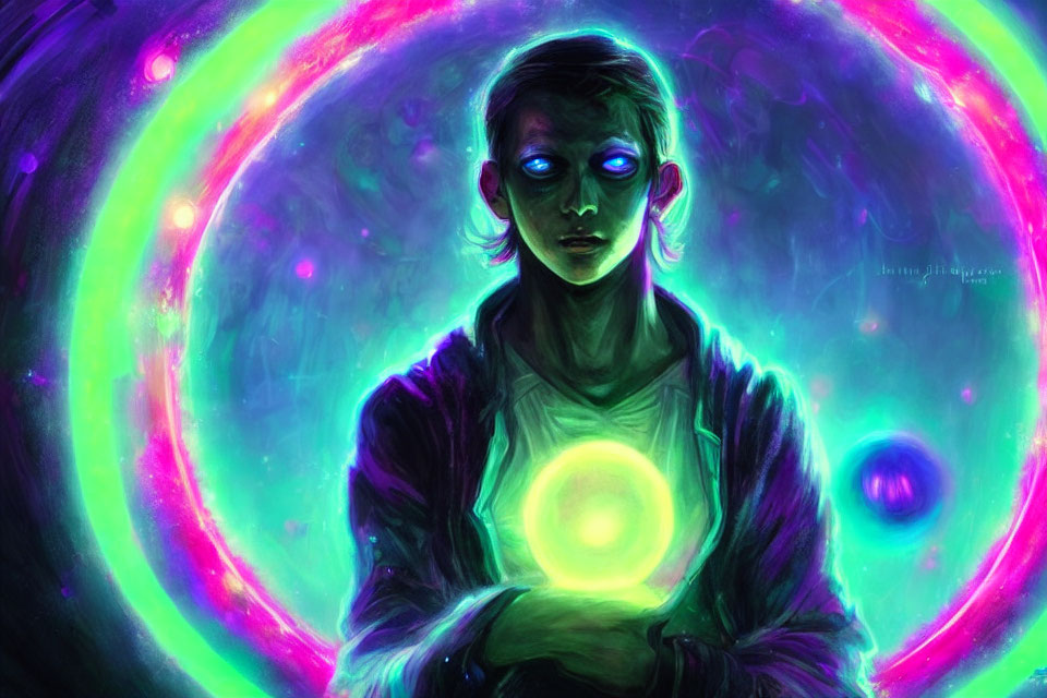 Person with Glowing Eyes Holding Luminous Orb in Colorful Nebula