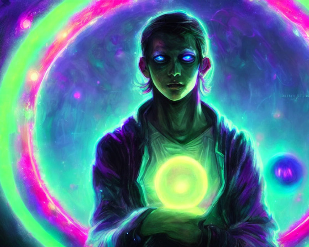 Person with Glowing Eyes Holding Luminous Orb in Colorful Nebula