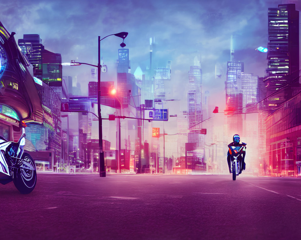 Futuristic cityscape with neon lights, motorcyclist, and hovering cars