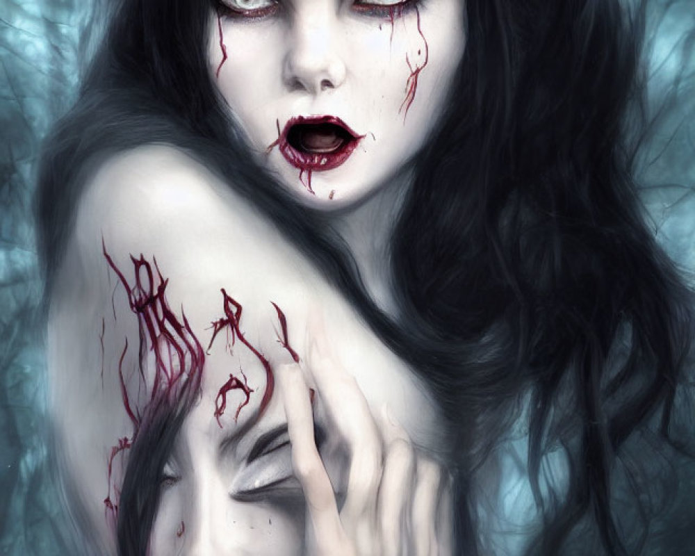 Gothic image of two pale women with dark hair and red eyes