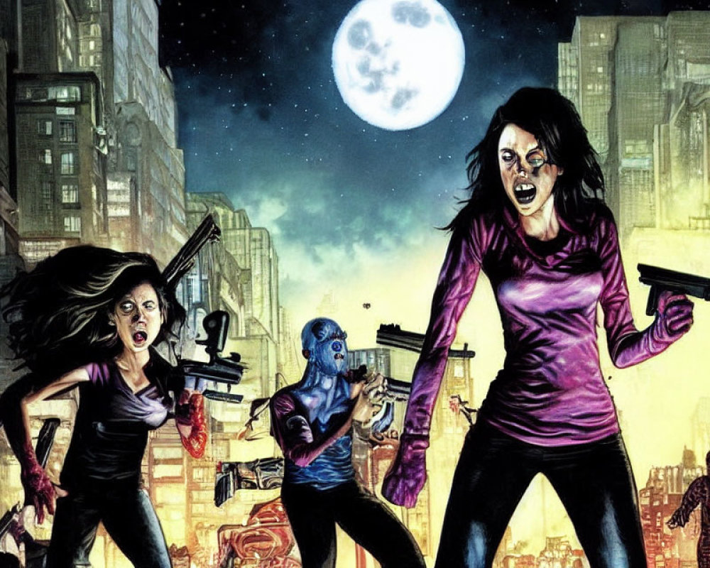 Intense female characters with guns in urban chaos under full moon