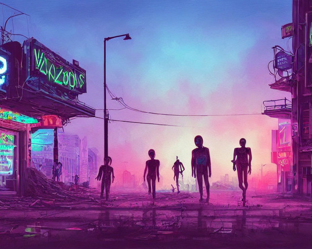 Vibrant cyberpunk cityscape at twilight with neon signs and silhouettes.