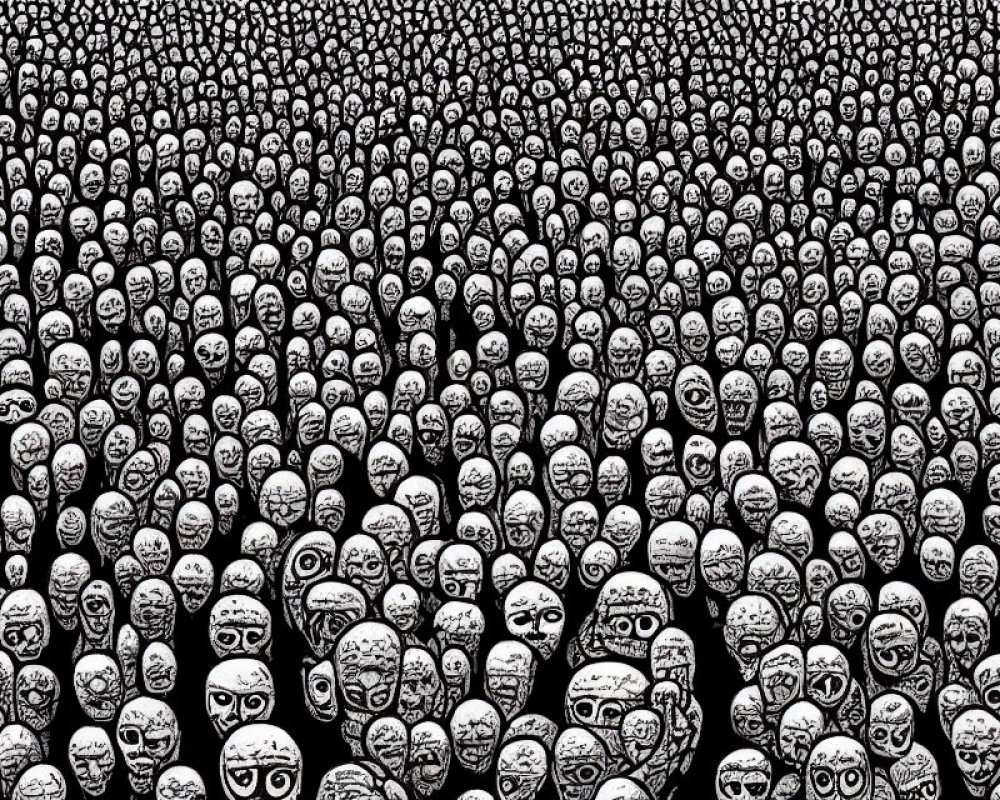Black and white illustration of unique faces in dense crowd