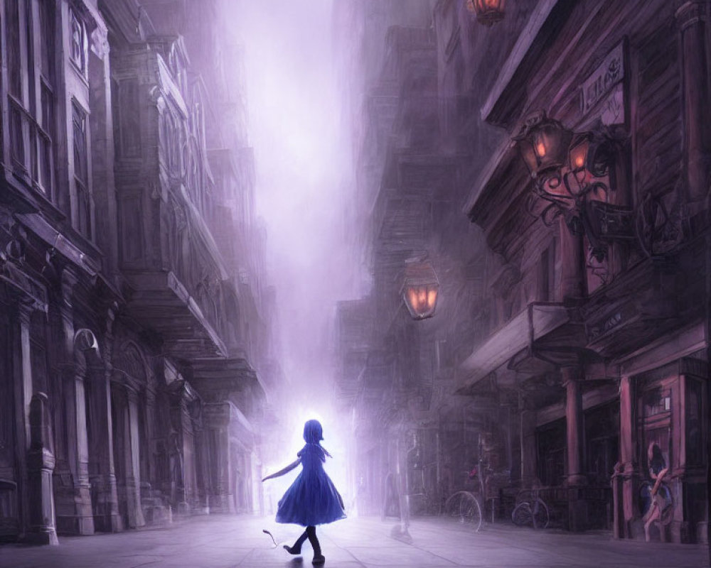 Solitary figure in blue dress dances on misty, lamp-lit street