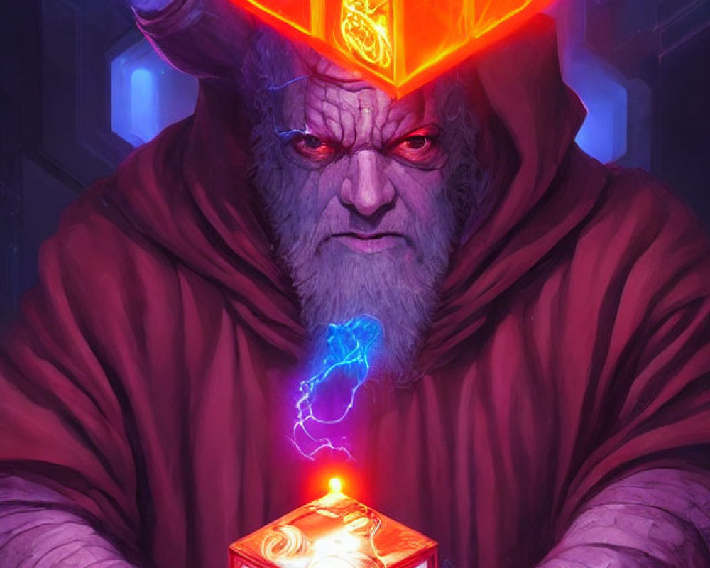 Bearded figure in red cloak with glowing cube illustration