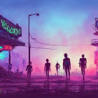 Futuristic cityscape with woman, robot, and stylized buildings under purple sky