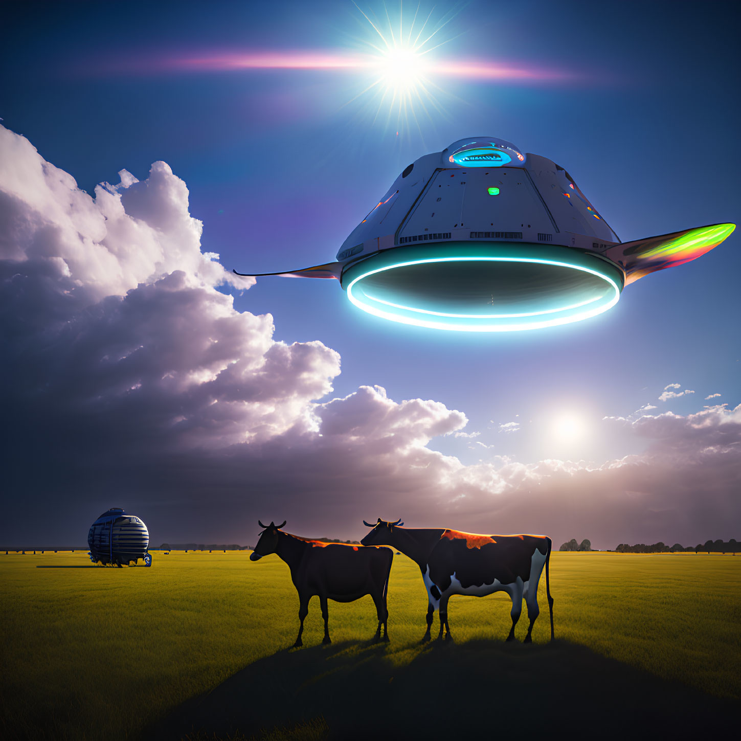 Unidentified Flying Object shines light on cows in field at sunset