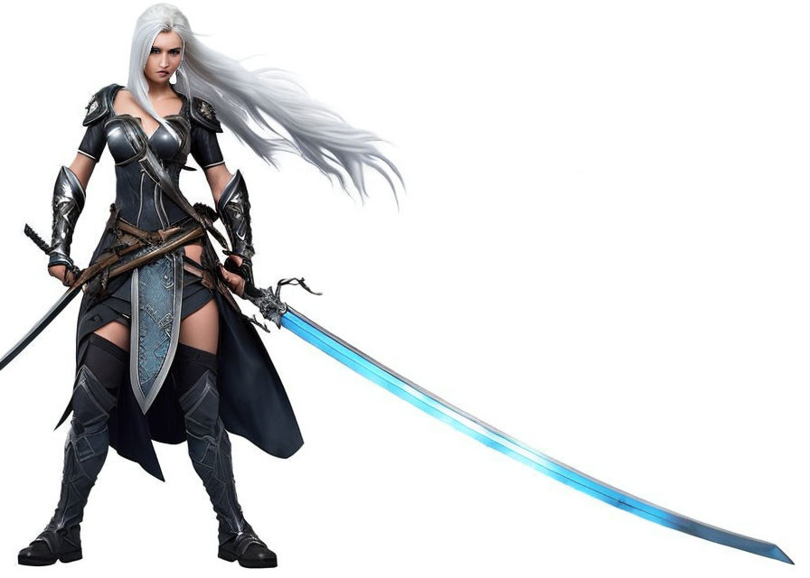 Female warrior digital illustration in black and silver armor with blue glowing sword
