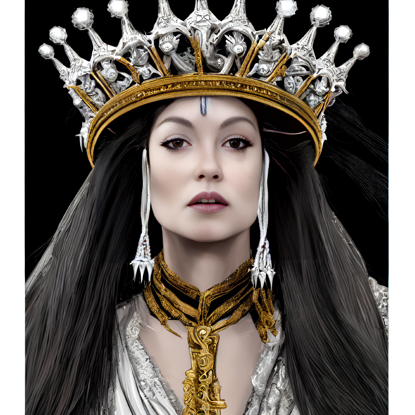 Dark-haired woman wearing elaborate silver and gold crown with jewels on black background