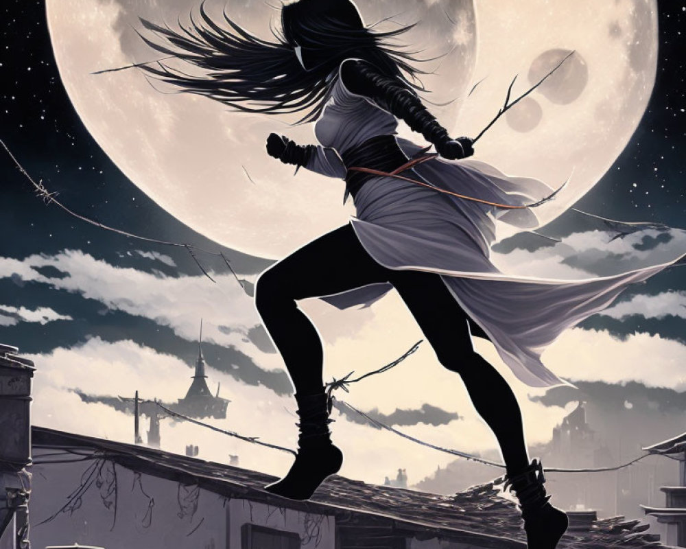 Silhouette of woman leaping across rooftops under full moon