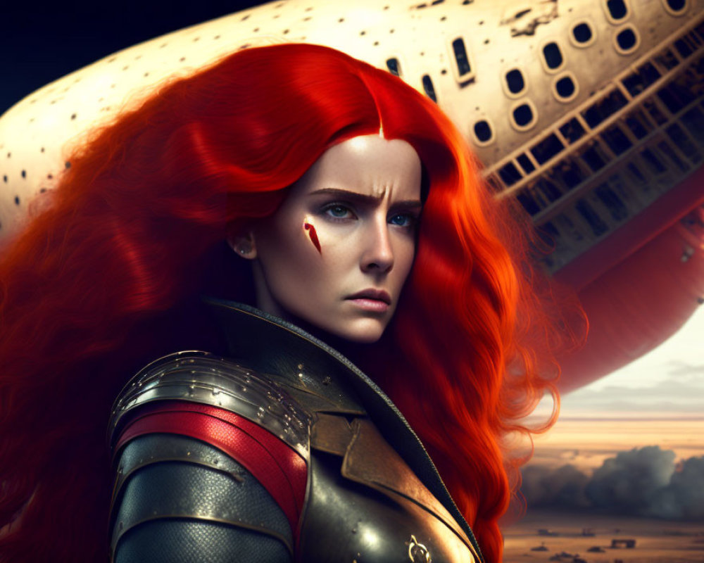 Vibrant red-haired woman in medieval armor with damaged spherical structure and cloudy sky