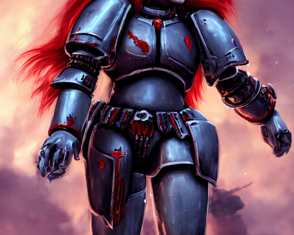 Digital artwork: Red-haired woman in silver armor against cosmic backdrop