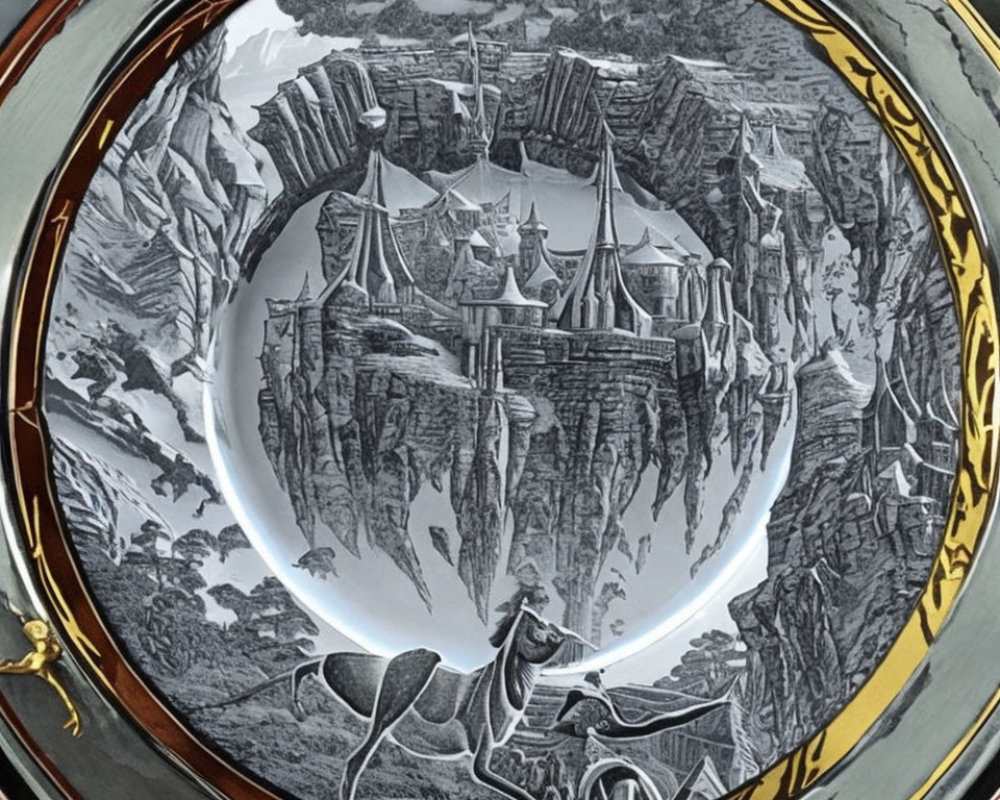 Medieval fantasy cityscape on decorative plate with centaur