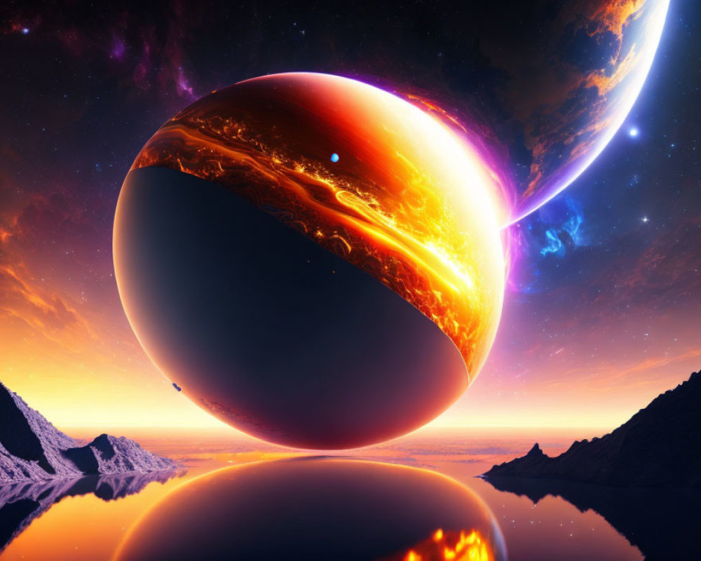 Cosmic digital art: fiery planet over tranquil lake