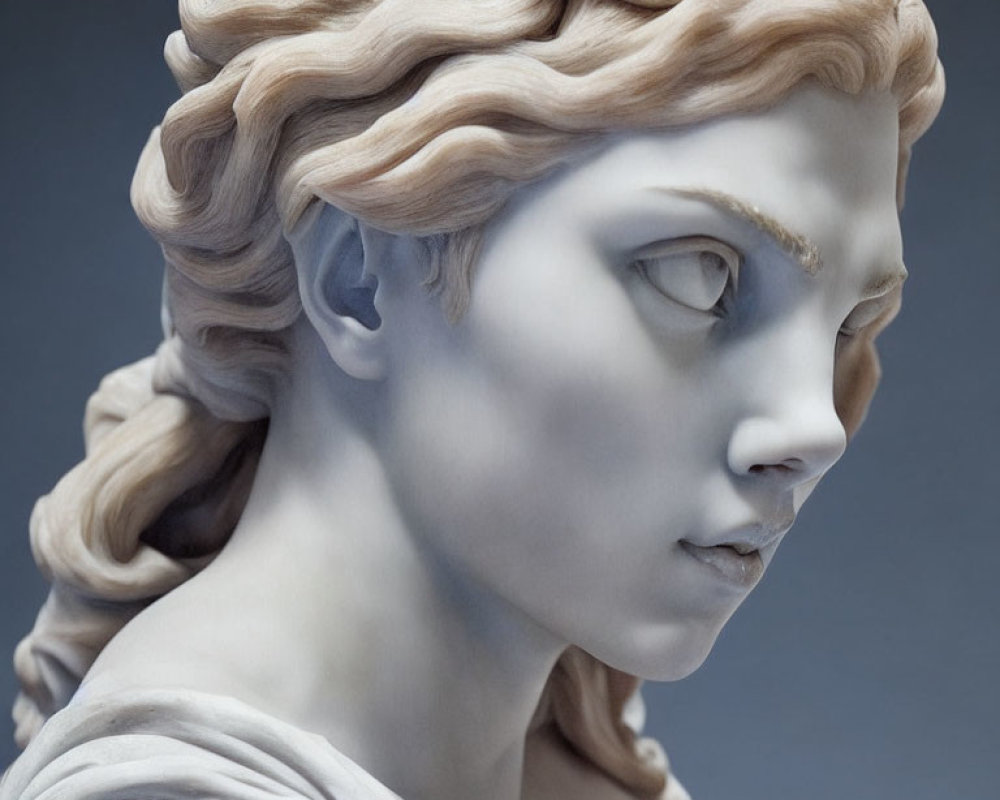 Detailed sculpture of woman's face with wavy hair and serene expression