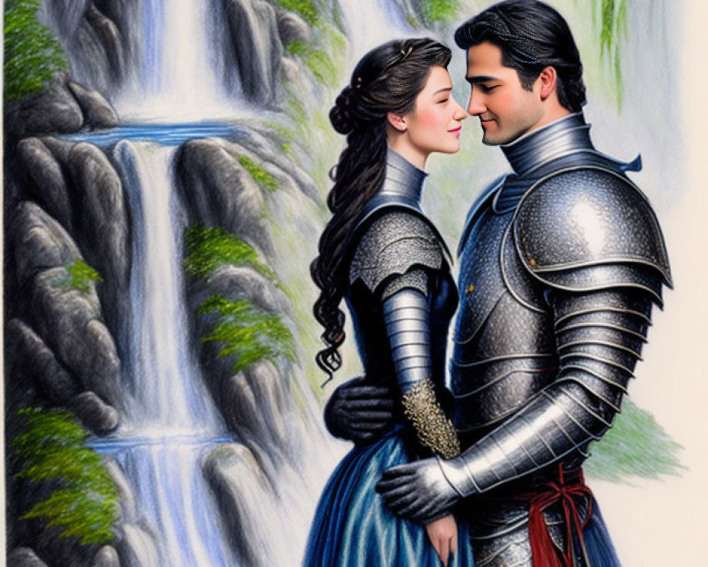 Medieval-themed animated couple embrace near lush waterfall