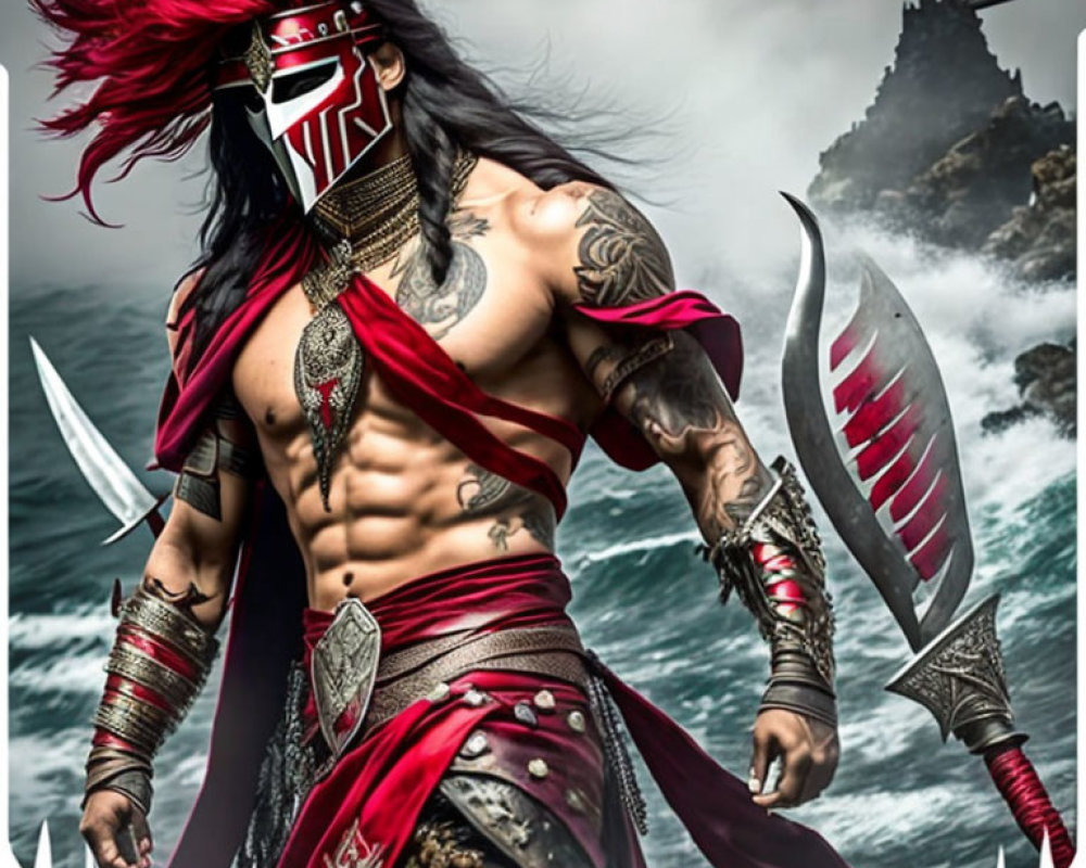 Muscular warrior in red sash and armor wields blades against stormy sea backdrop.