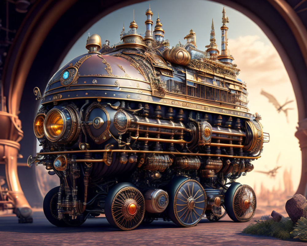 Steampunk-style vehicle with brass detailing in fantastical setting