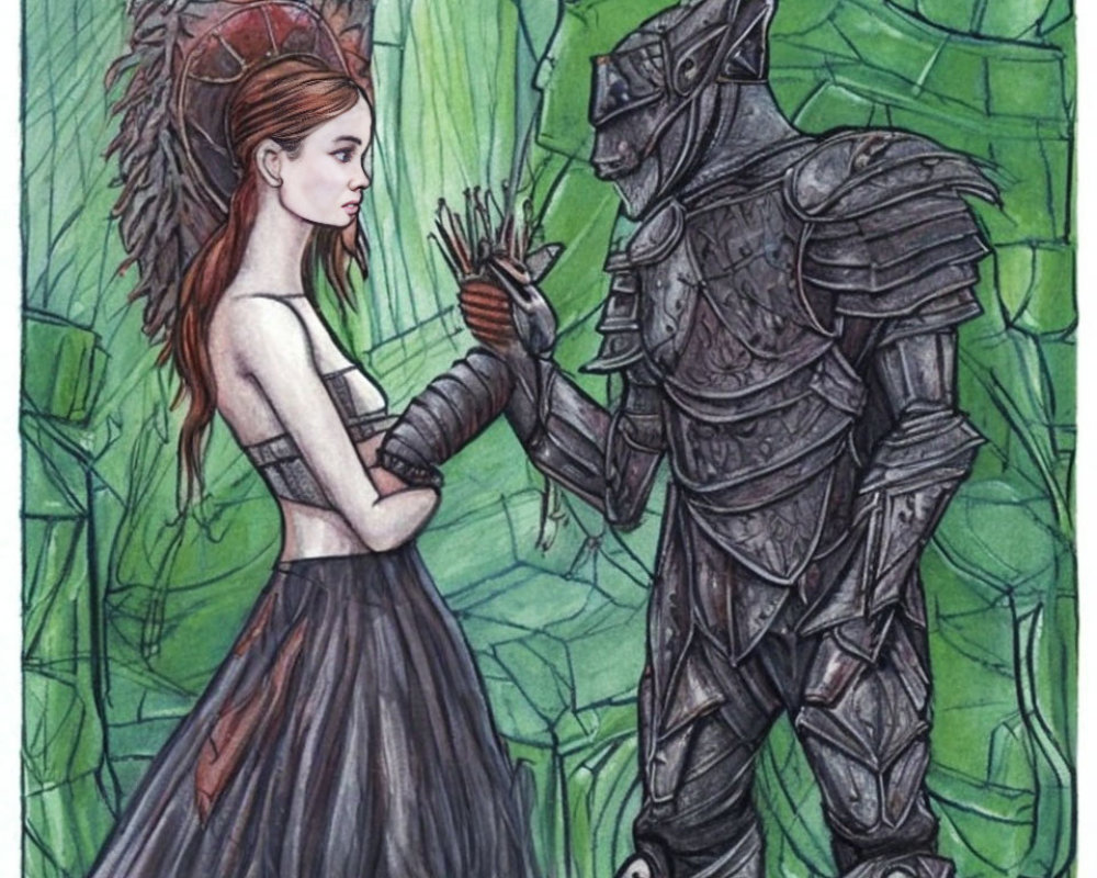 Feathered headwear woman and armored knight connect in greenish setting