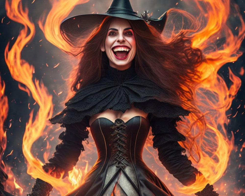 Woman in witch costume smiling amidst swirling flames