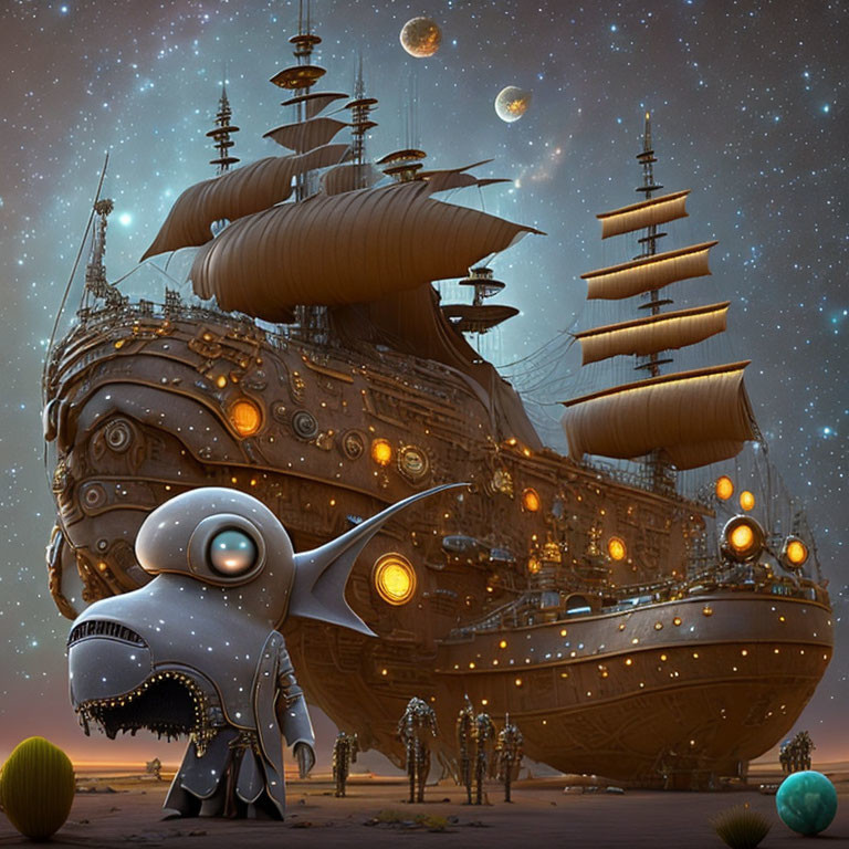 Steampunk airship with sails above desert at dusk.
